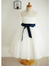 Ivory Lace Tulle Navy Blue Sash Knee Length Flower Girl Dress 